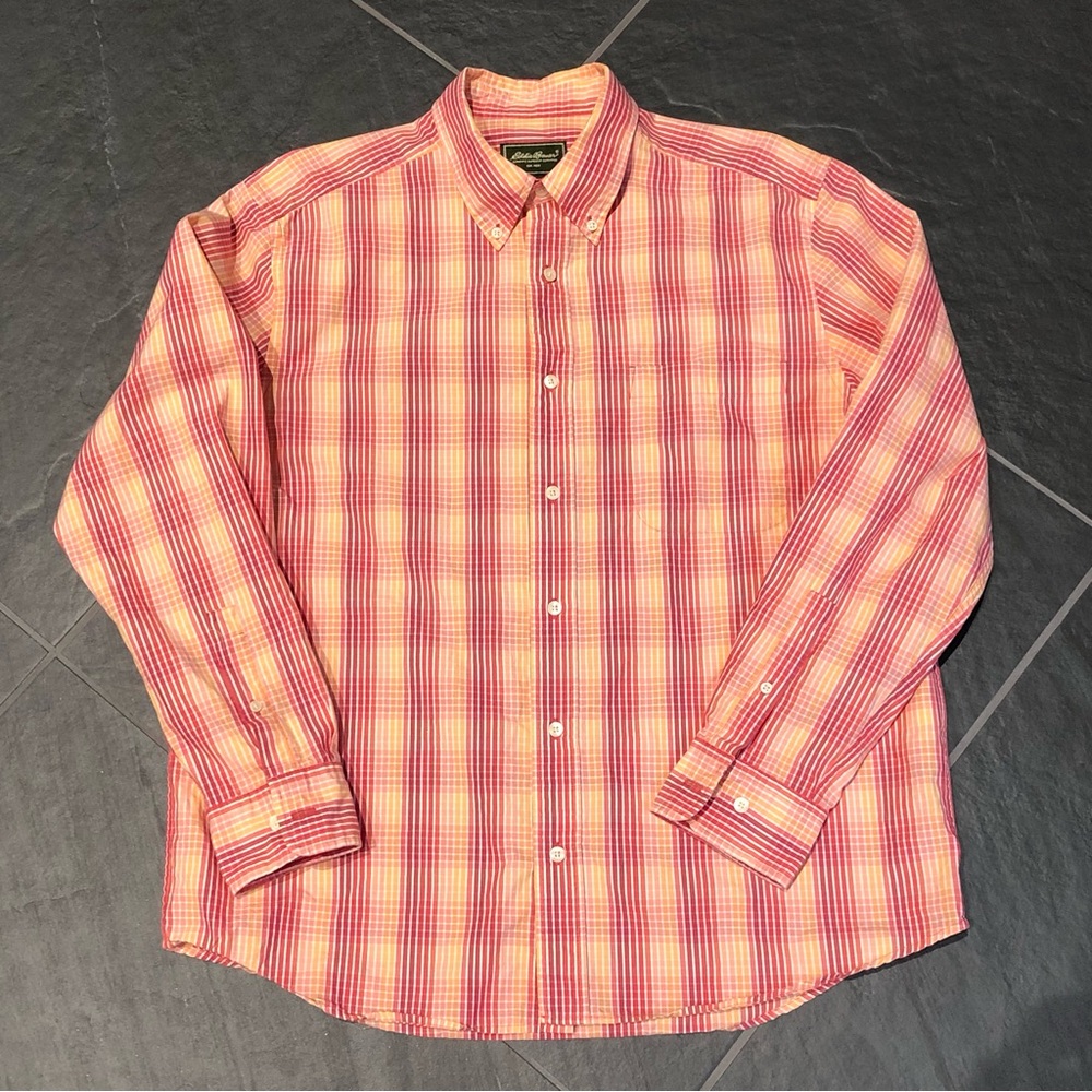 Eddie Bauer Mens Button Down Large Orange/Yellow